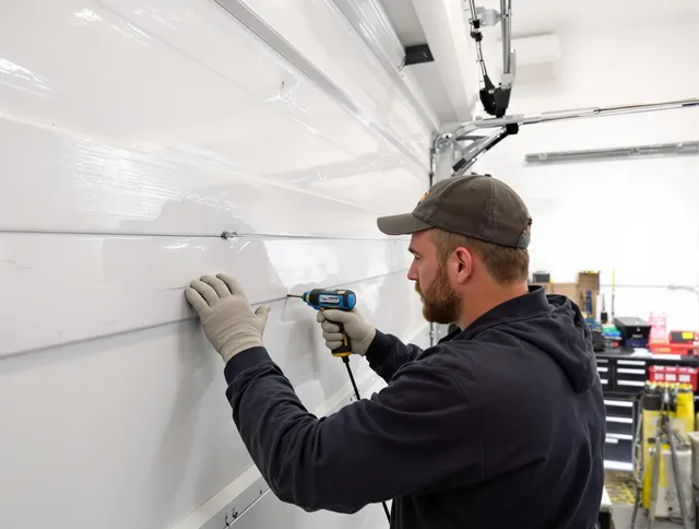 Los Angeles Garage Door Repair technician demonstrating precision dent removal techniques on a Los Angeles garage door