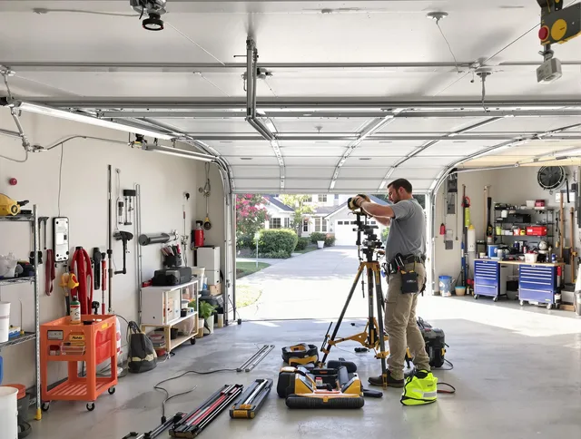 Los Angeles Garage Door Repair specialist performing laser-guided track alignment in Los Angeles